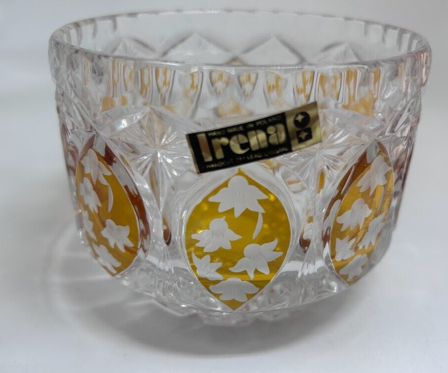 Irena 24% Handcut Amber Lead Crystal Bowl Handmade in Poland 4.25\