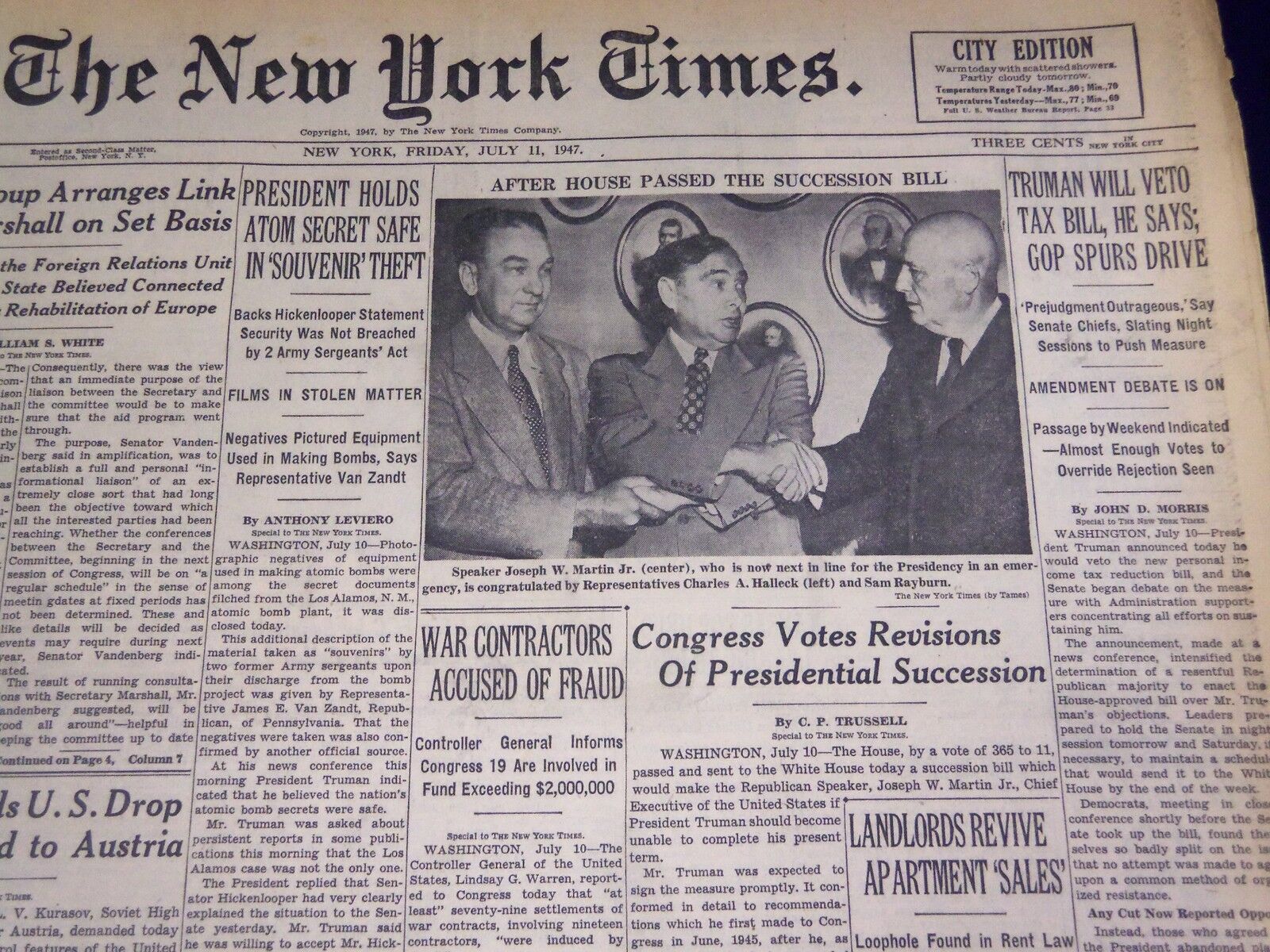 1947 JULY 11 NEW YORK TIMES - HOUSE PASSES SUCCESSION BILL - NT 1409