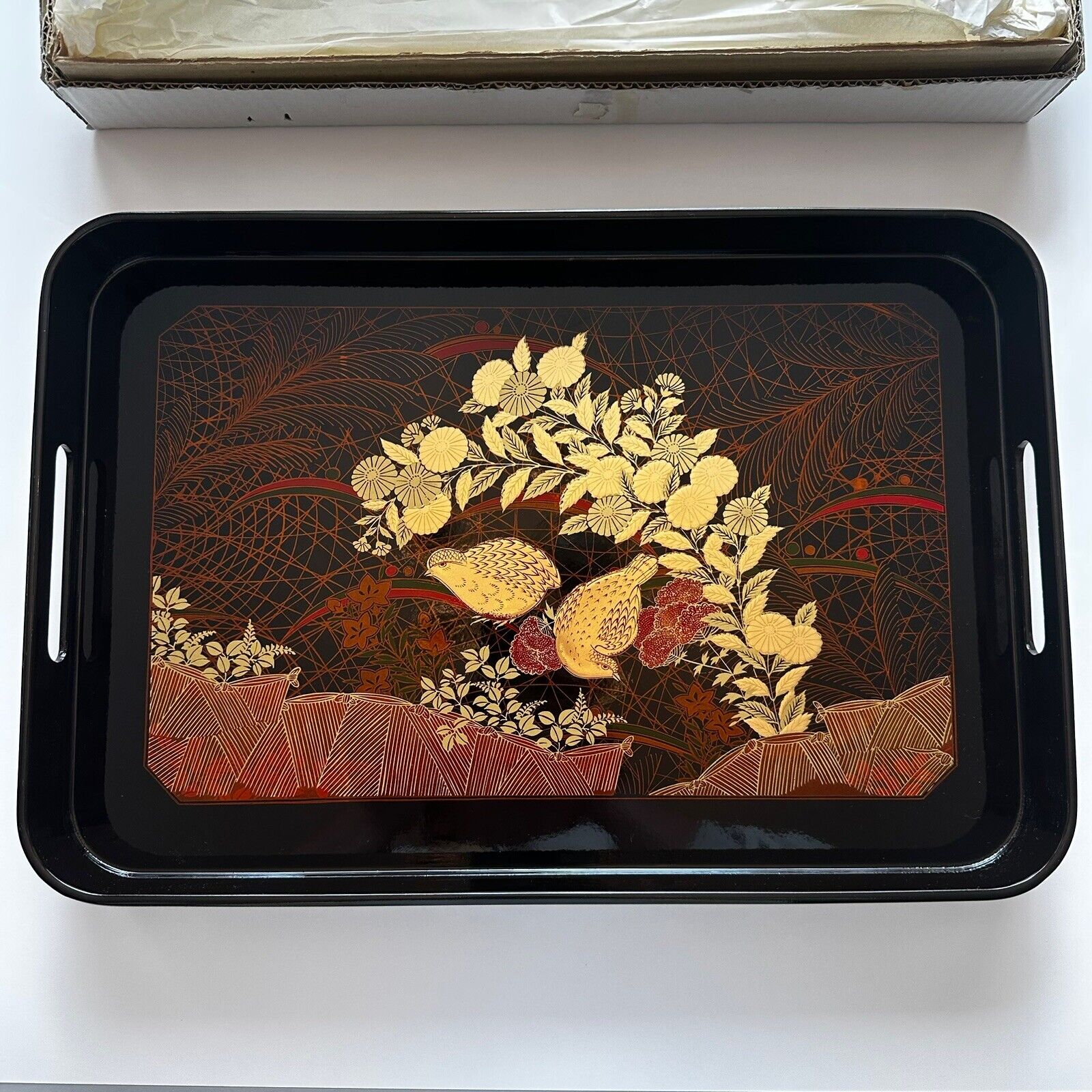 VINTAGE OTAGIRI ORIGINAL JAPAN Hand Crafted Lacquered Tray Golden BIRDS W/ Box