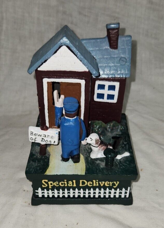 VTG Cast Iron Metal Bank Mailman Special Delivery Beware of Dog Mechanical AS IS
