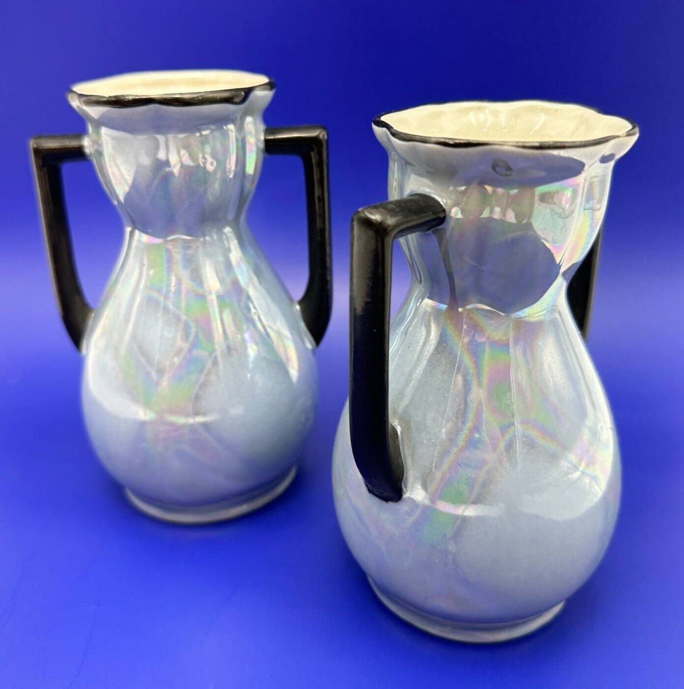 VTG MCM Lusterware Pottery Blue w/ Black Double Handle Bud Vase Czechoslovakia