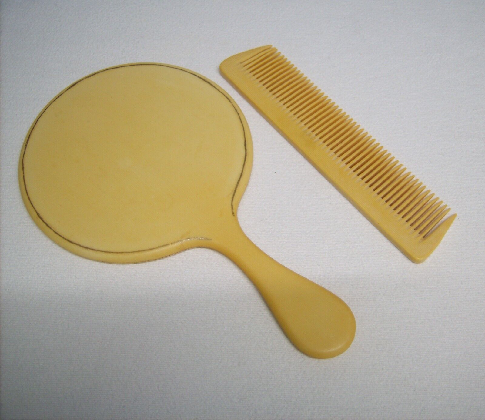 Antique Pyralin Hand Mirror, Comb Art Deco Yellow Celluloid Beveled Glass 1940