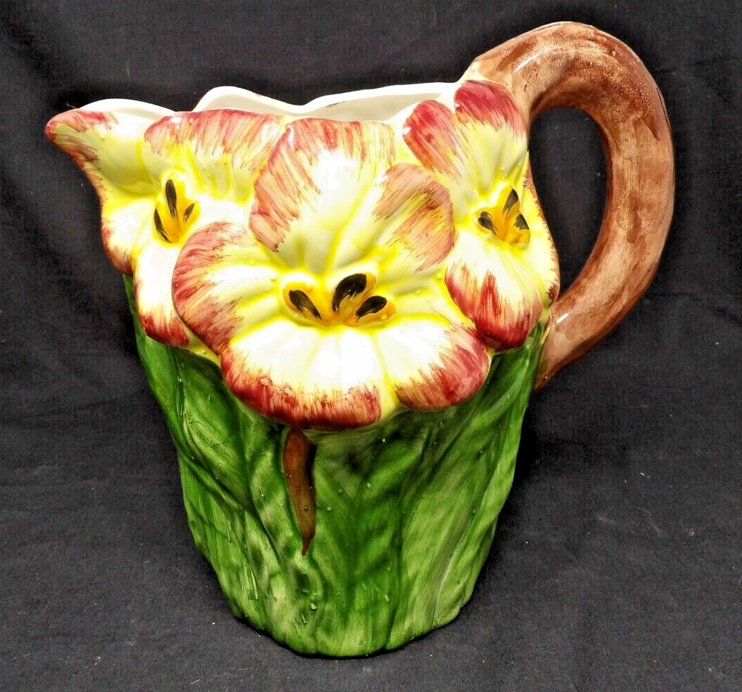 Vintage Colorful Floral Design Majolica Art Pottery Pitcher 8 1/2\