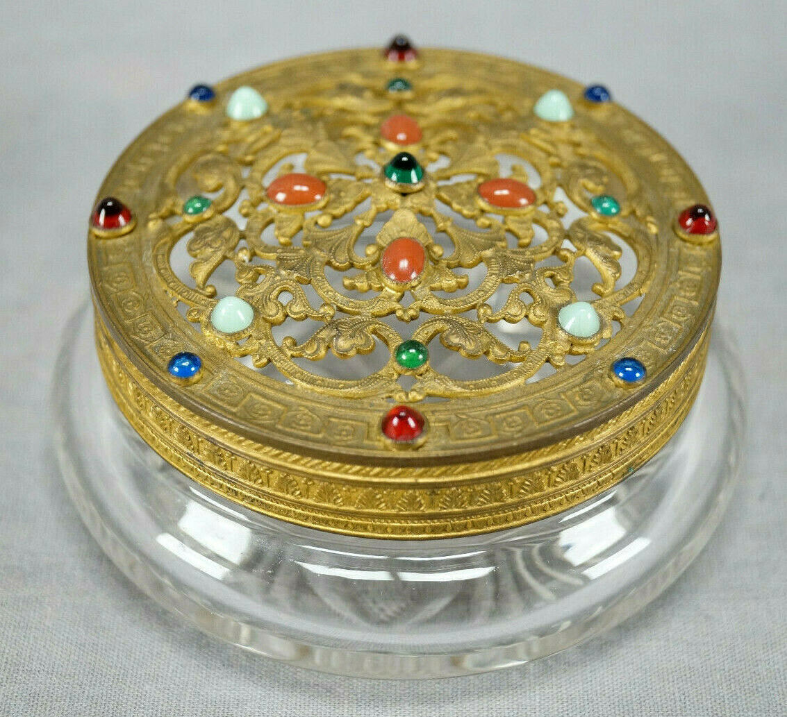 French Gilt Filigree Brass Cabochon Jeweled Cut Crystal Potpourri Vanity Jar B