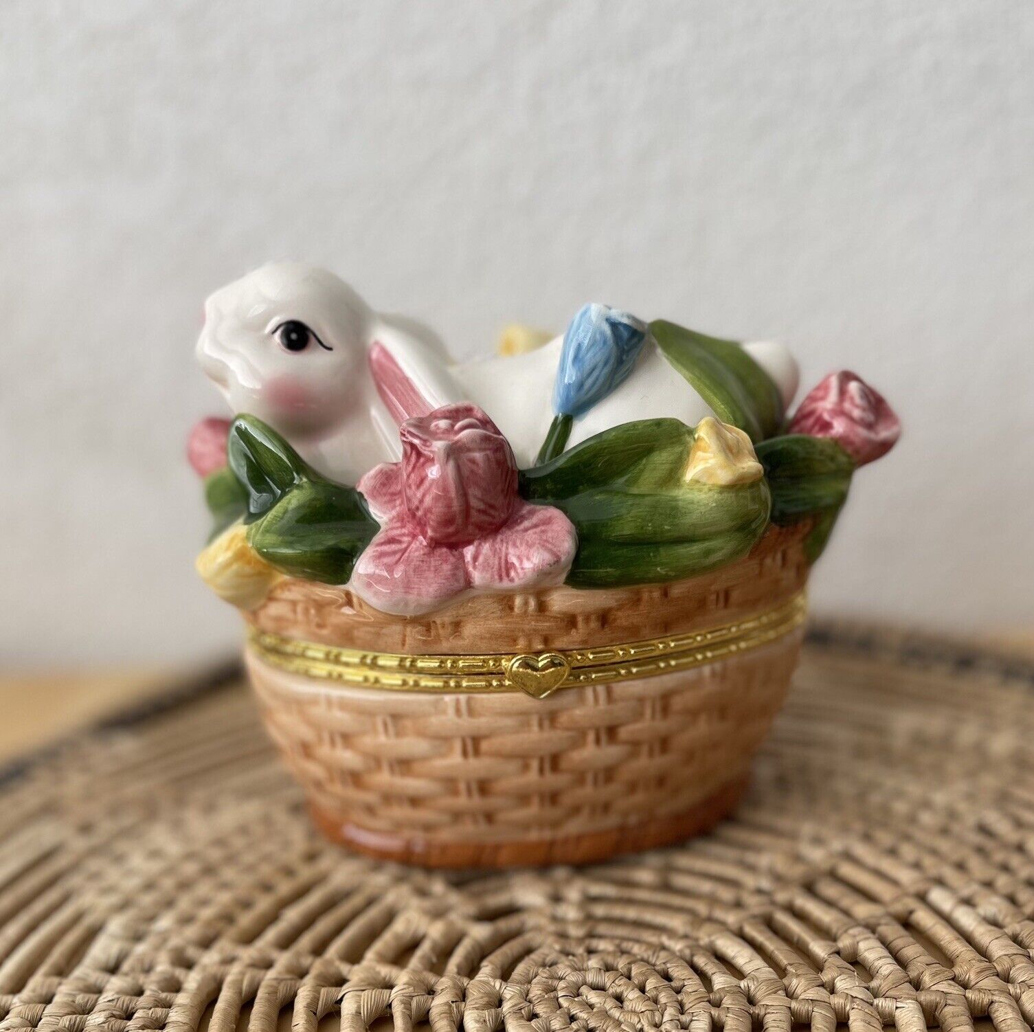 Bunny Rabbit in Basket Trinket Keepsake Box Easter Flowers Figurine Large 6”