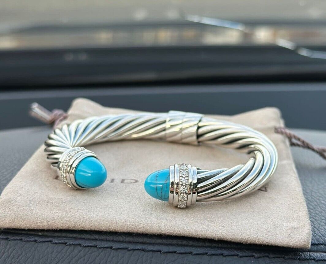 David Yurman Sterling Silver 10mm Cable Bracelet with Turquoise & Diamonds HALO