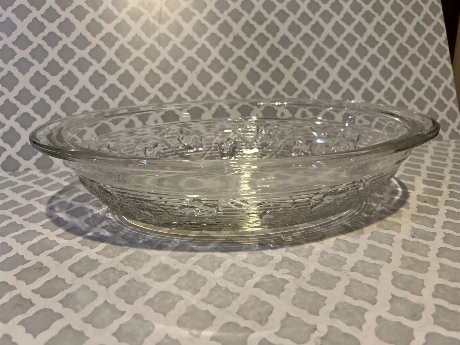 Vintage Oval Clear Glass Casserole Dish Oven Proof Raised Flowers 11 X 3 X 8