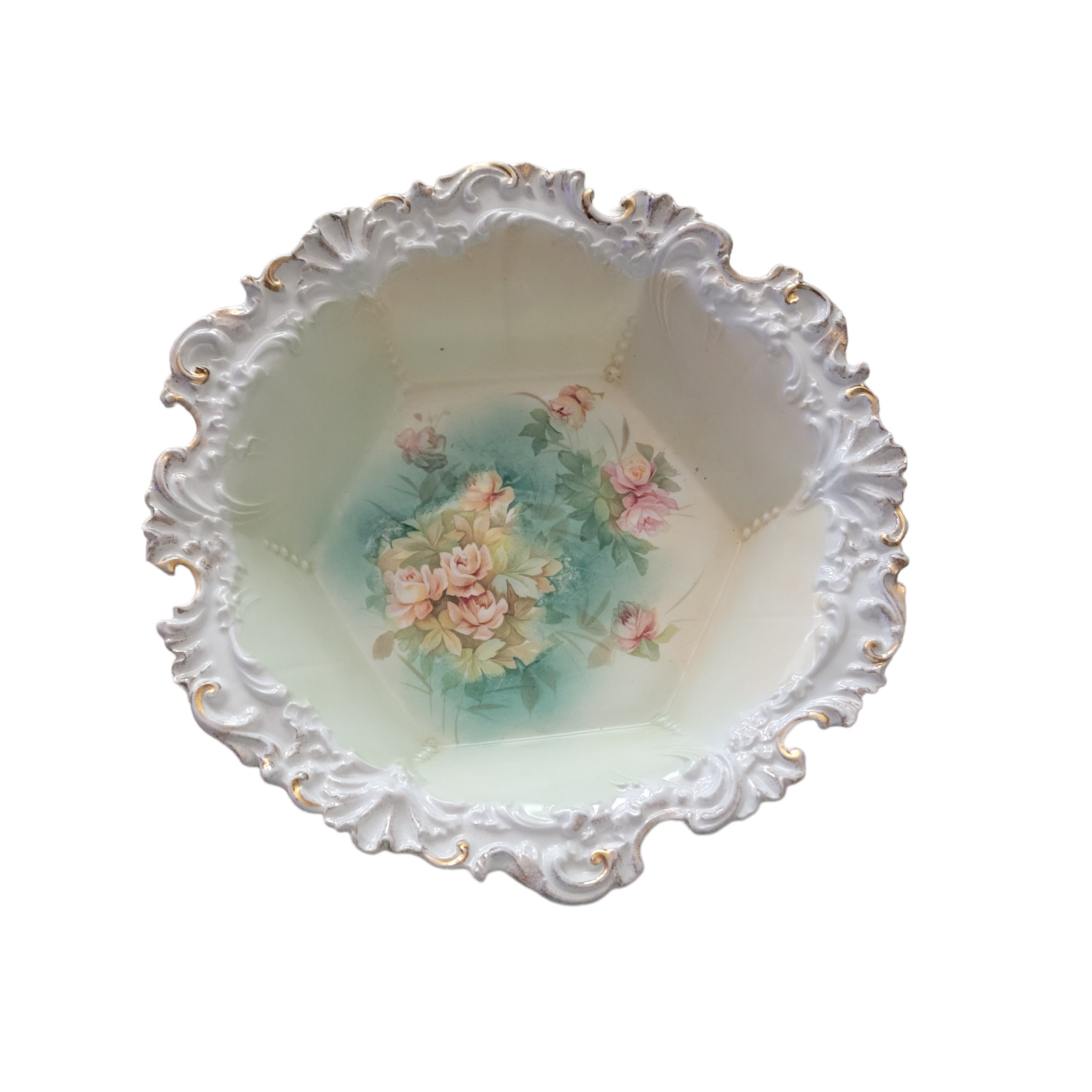 Vintage Antique? RS Prussia Porcelain Lusterware Bowl Teal Pink Roses 