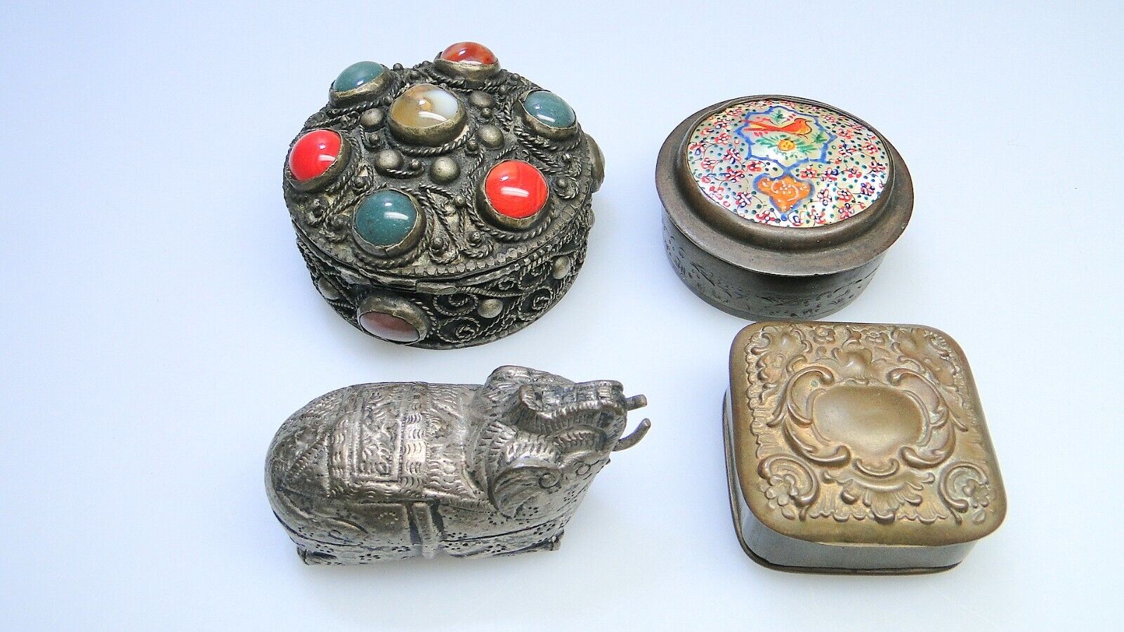 Ornate Old Miniature Trinket Boxes Asian Jeweled Vintage Lot