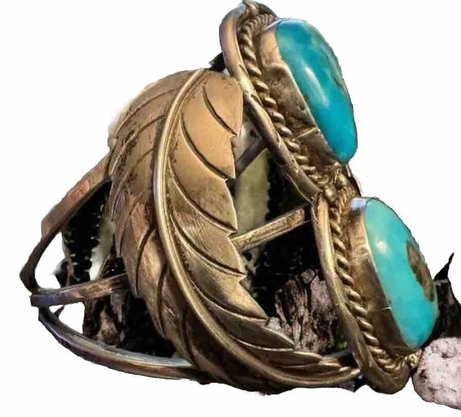 Navajo Sterling Silver, Turquoise Cuff Bracelet with leaf