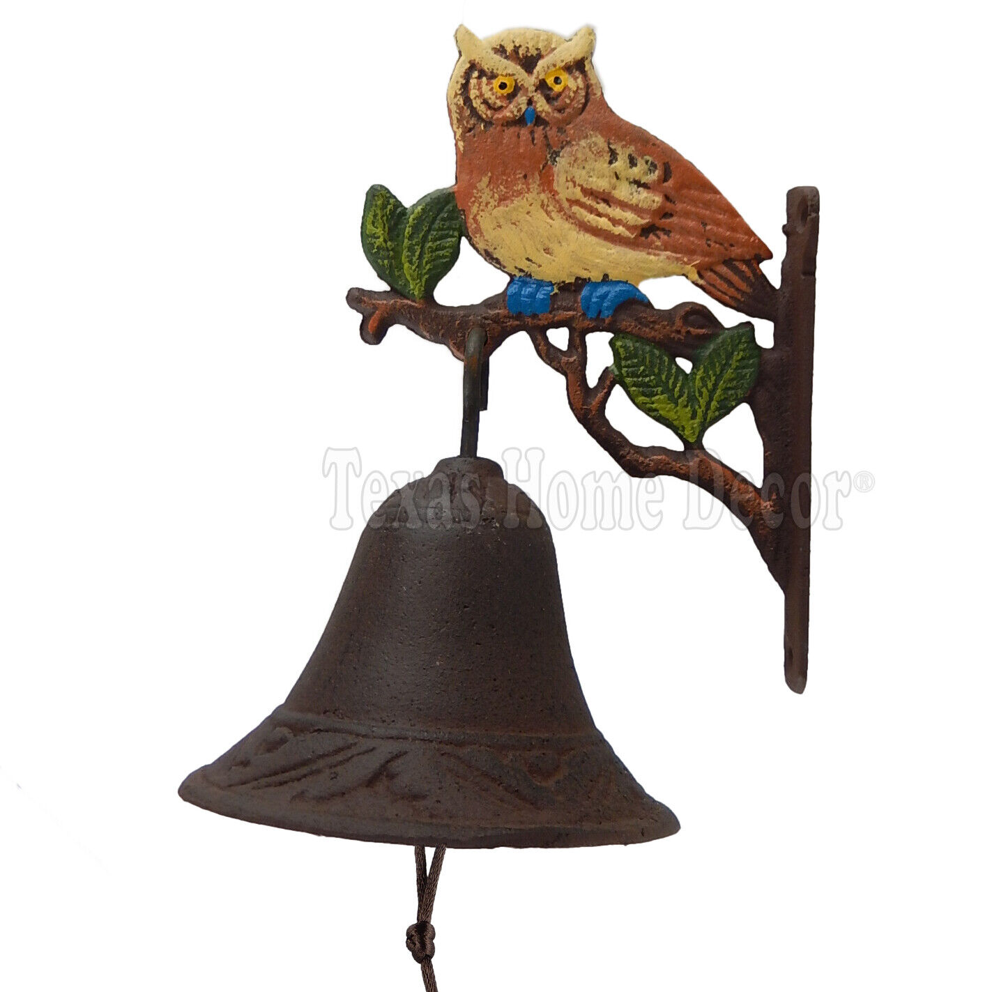 Owl On Tree Dinner Bell Cast Iron Wall Mounted Antique Style Rustic Hand Painted