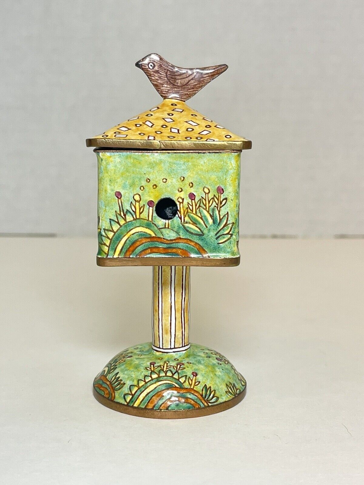 Vintage Empress Arts Miniature Birdhouse Hand Painted Enamel Trinket Stamp Box