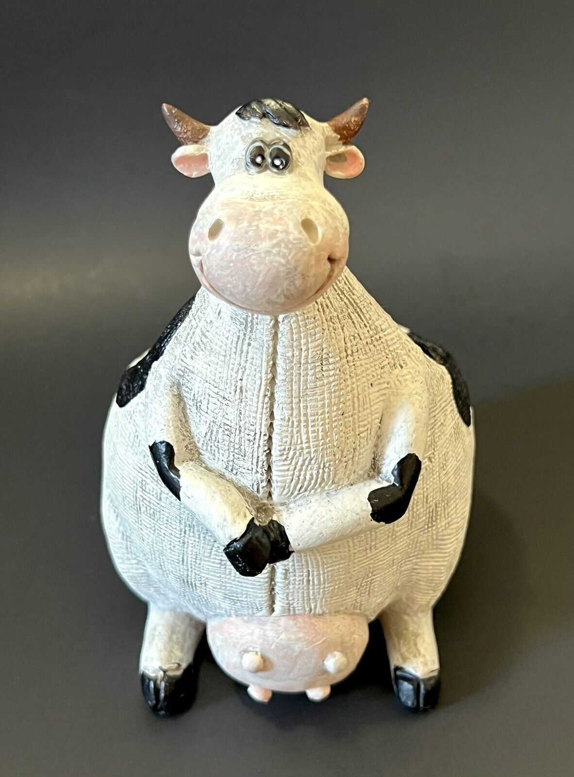 Whimsical Distressed Black & White Cow w/ Pink Udder Pot Planter Indoor Outdoor