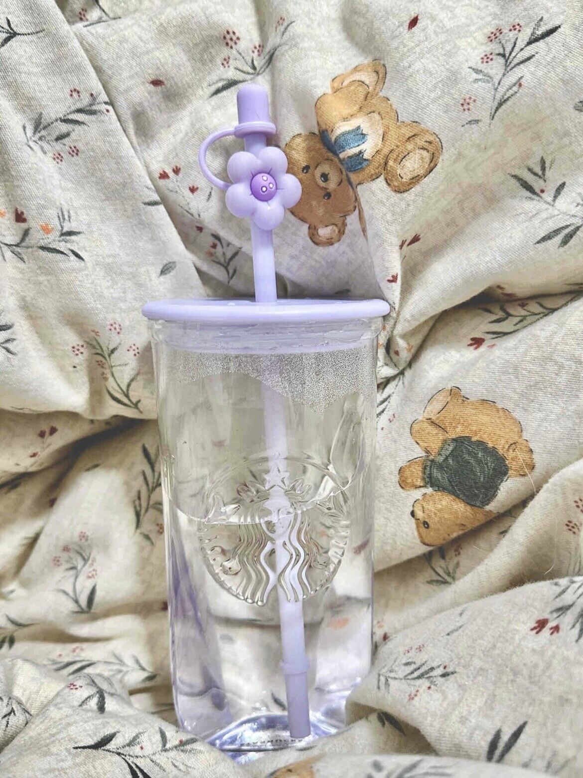 Starbucks China Purple Triangle Glass Cup Tumbler 16oz With Flower Topper Gift