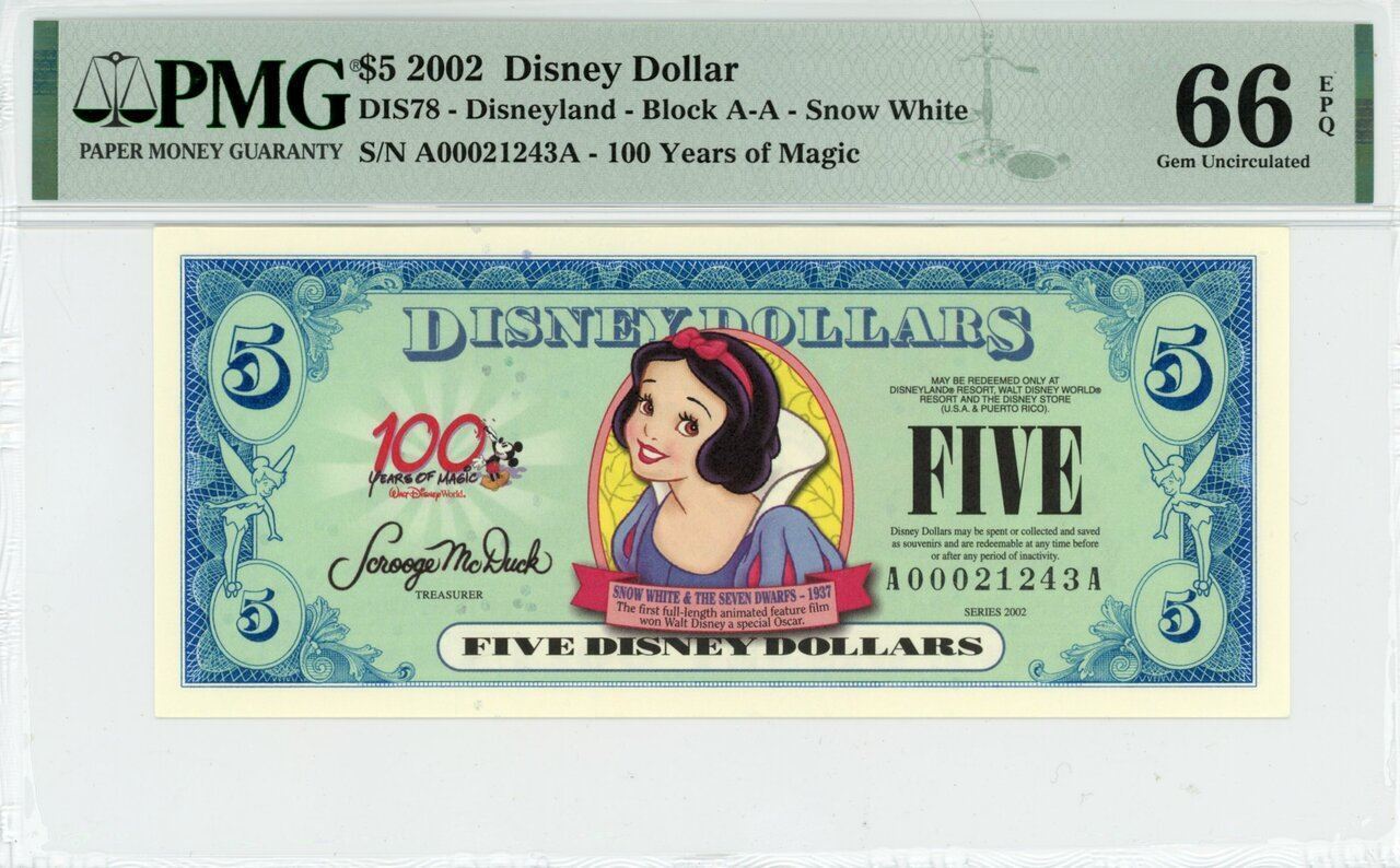 2002 $5 Disney Dollar Snow White PMG 66 EPQ (DIS78)