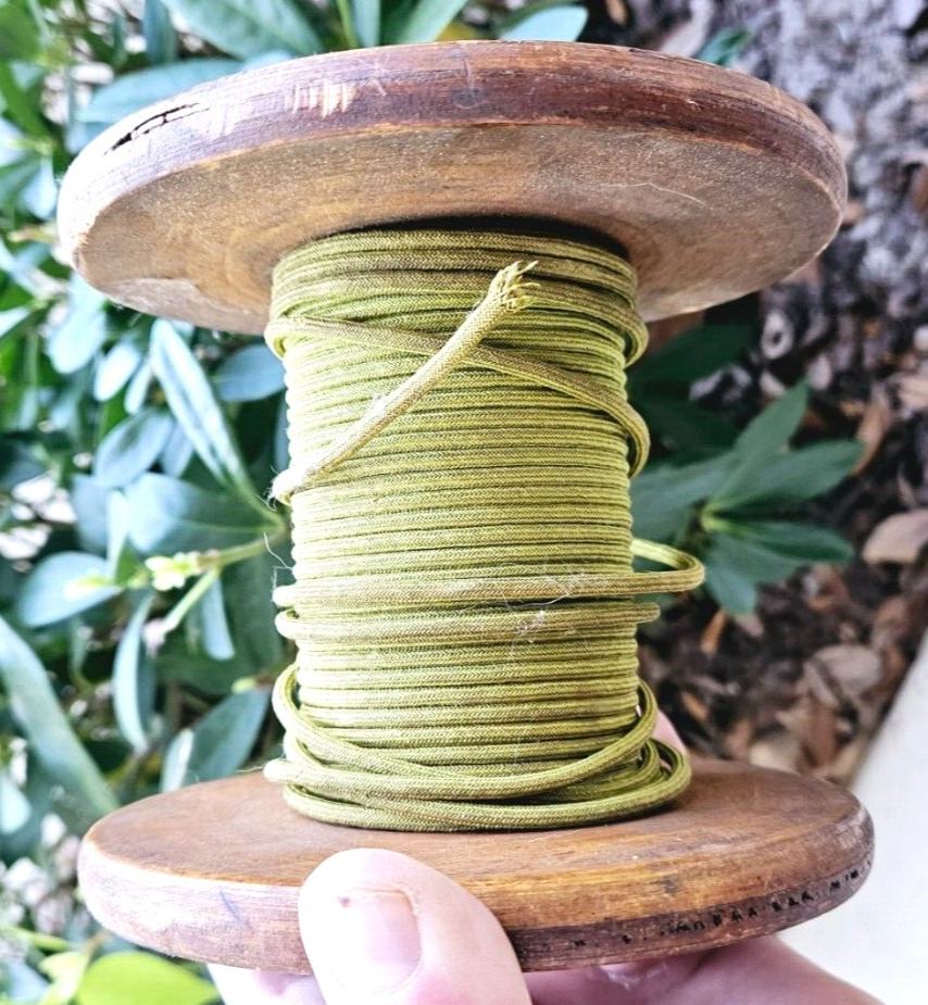 Vintage Big Wooden Spool of Heavy Green Cloth String  Binding