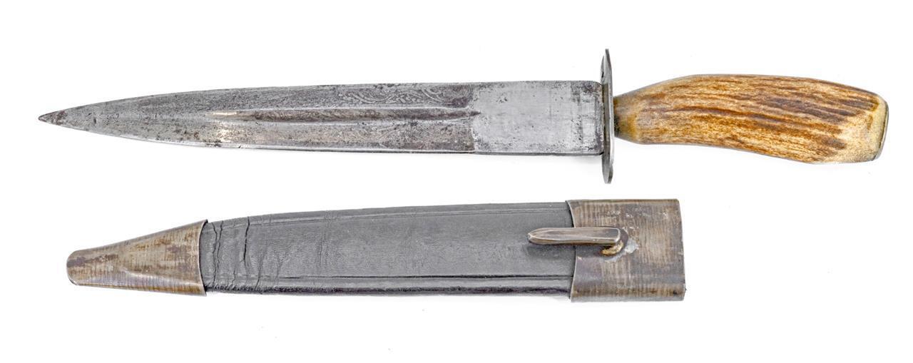 FINE GEORGIAN c.1820 ERA HORN HANDLE DOUBLE BLADE FIGHTING DAGGER KNIFE & SHEATH