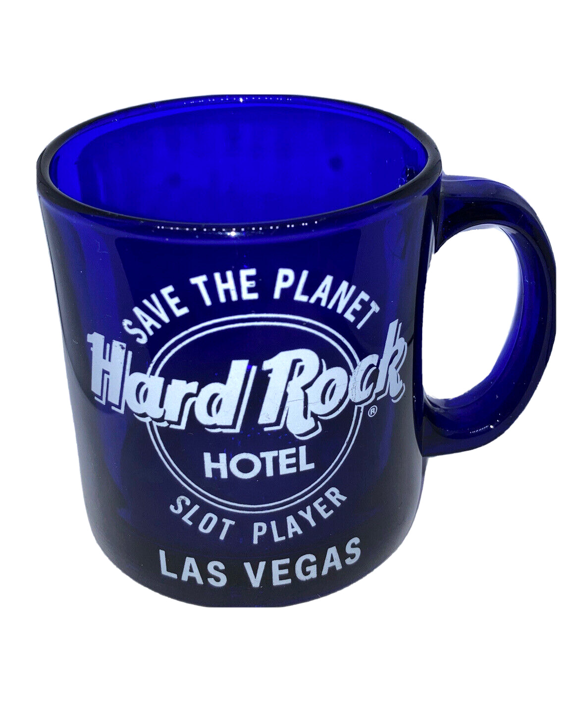 Hard Rock Hotel Las Vegas blue glass mug / cup  Save the Planet - Slot Player
