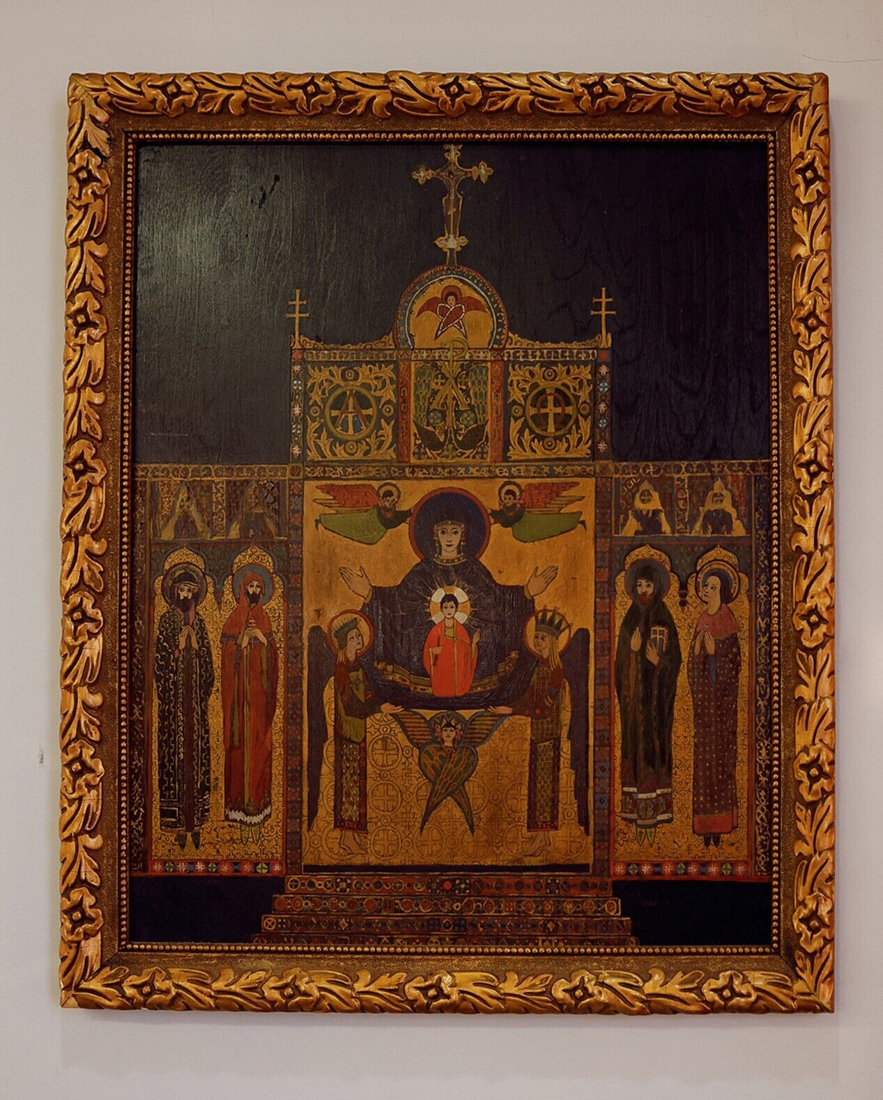 Antique Original Russian Icon Circa 1900 Gold Wood Framed Oil Painting