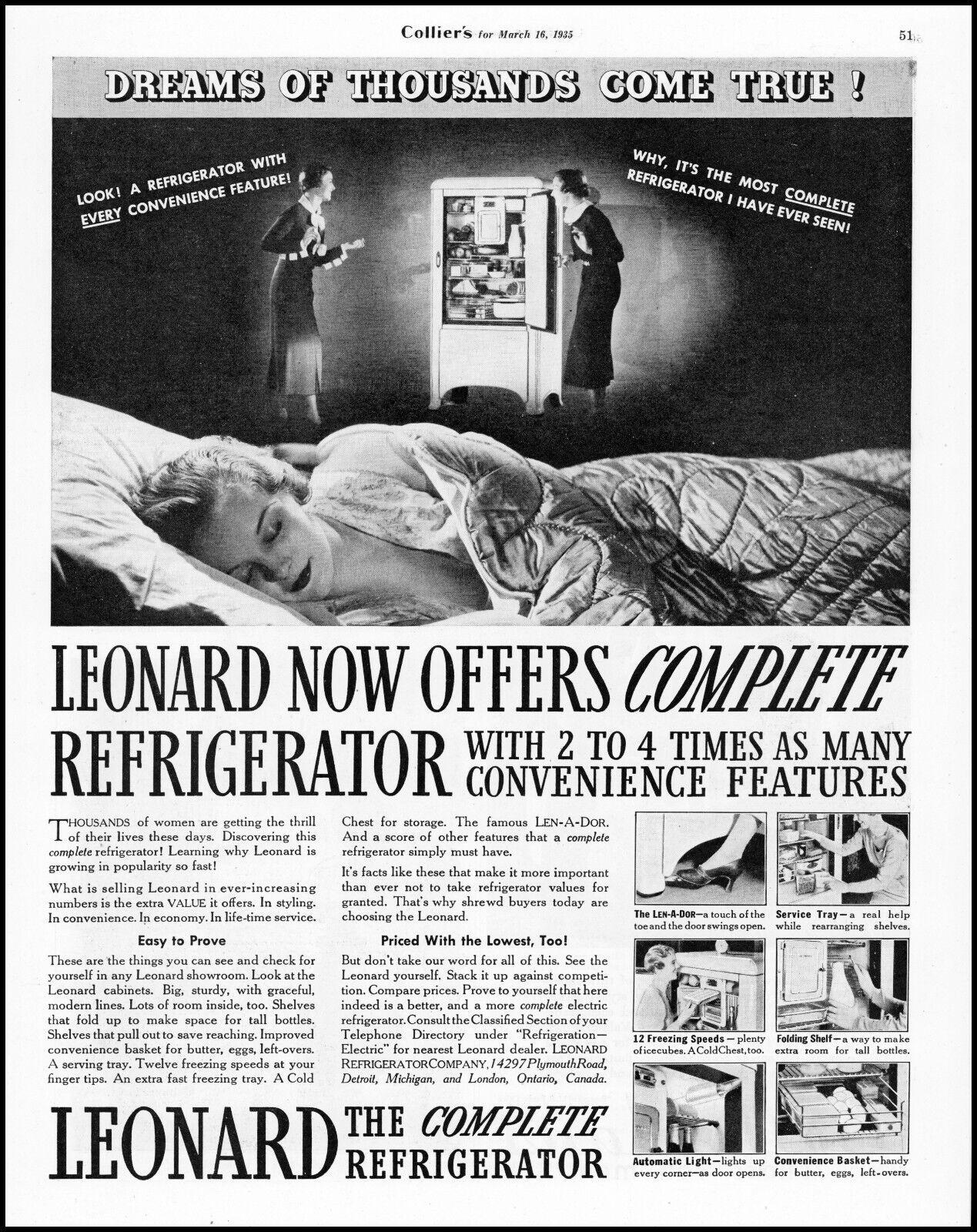 1935 Leonard Refrigerator Detroit sleepng woman vintage photo print ad XL16