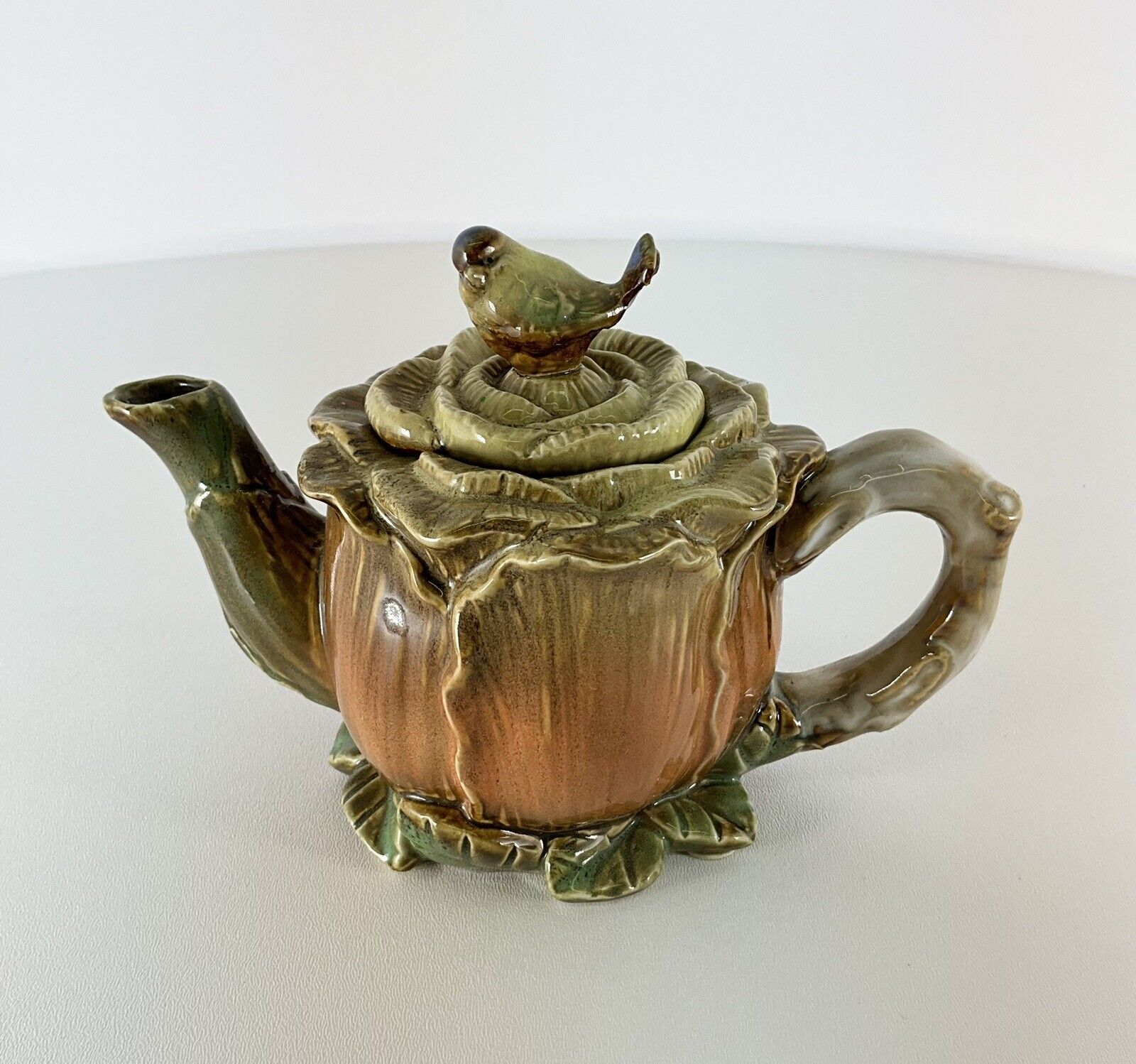 Ceramic Teapot Cabbage Rose With Resting Bird Finial Lid. Beautiful Teapot.