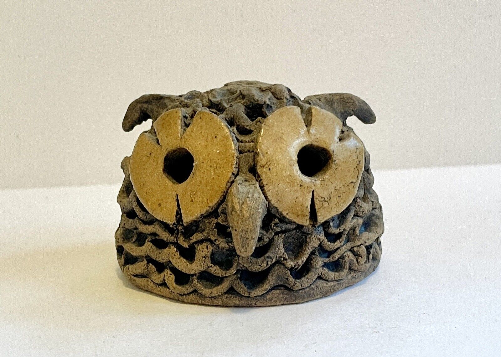 Handmade Owl Bird Head Topper Shelf Sitter Clay Pottery Figure Figurine