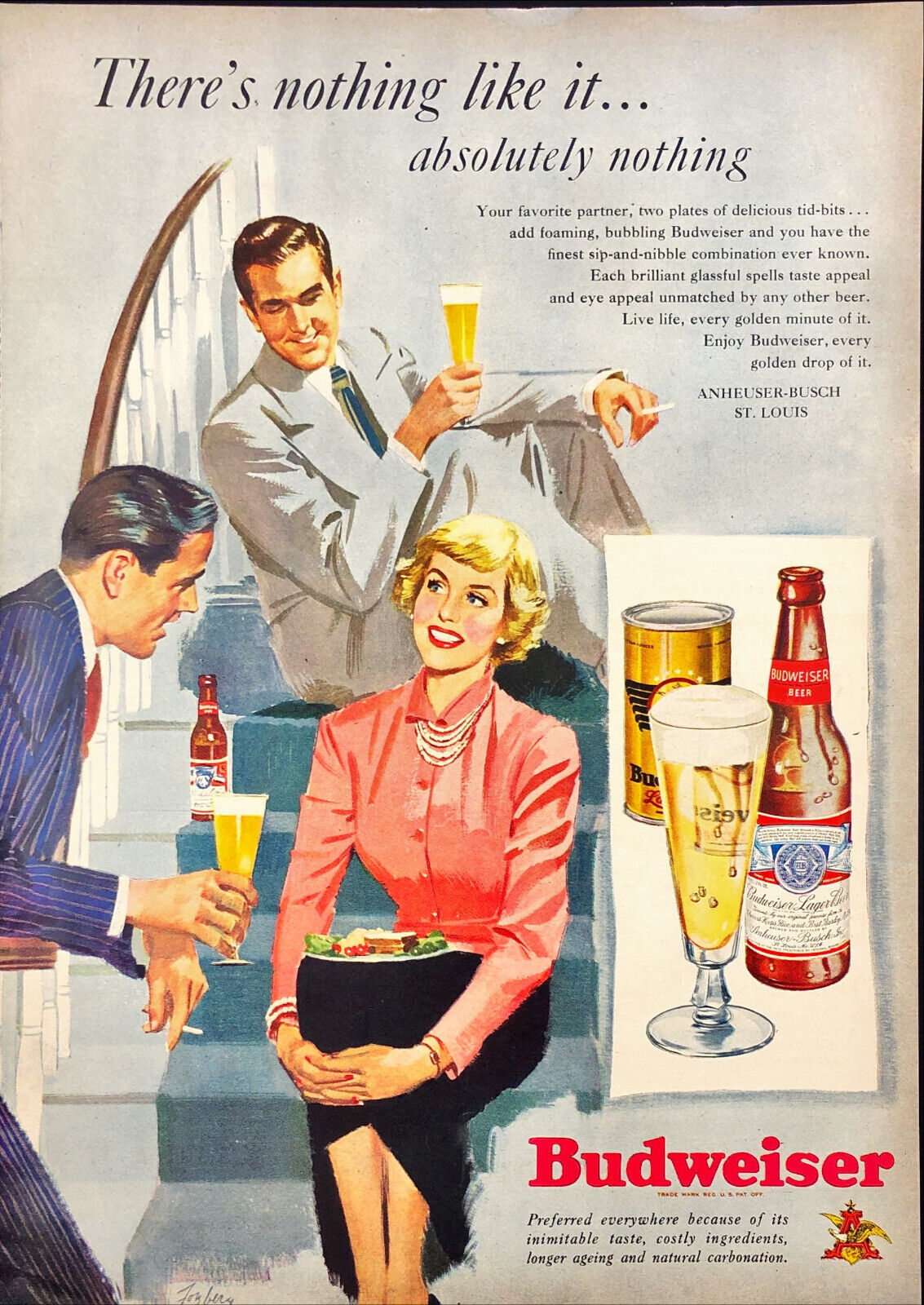 1949 Budweiser 2 Men & a Lady Beer Vintage Print Ad Flirting