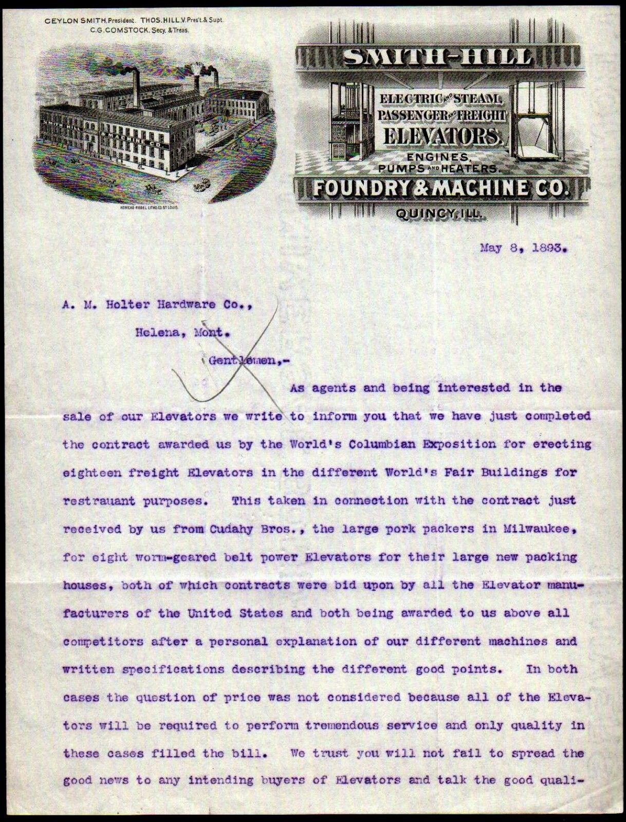 Quincy IL 1893 Elevators Smith Hill Foundry & Machine Co Vintage Letter Head
