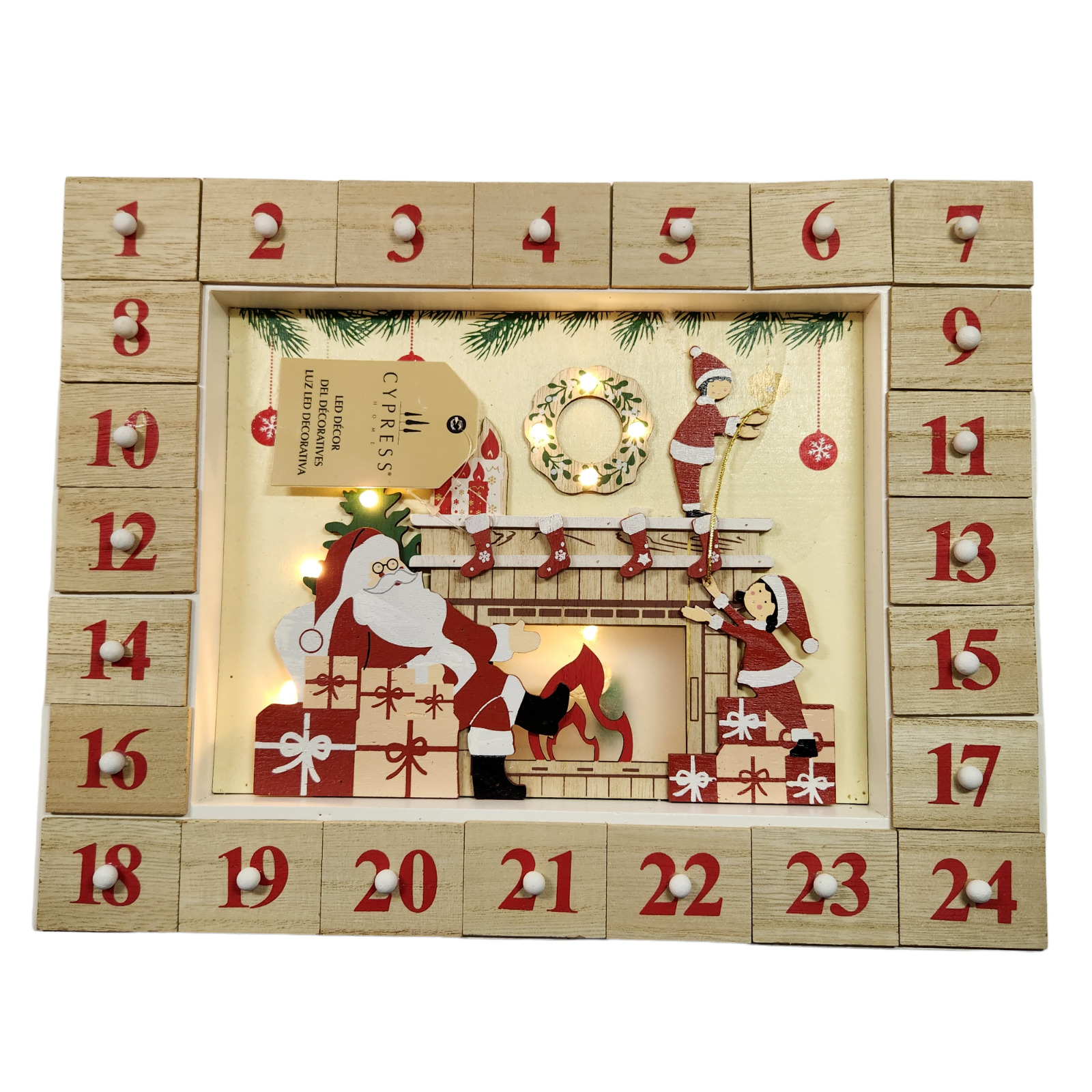 Cypress Home LED Christmas Wooden Advent Calendar Lights Up New With Tags