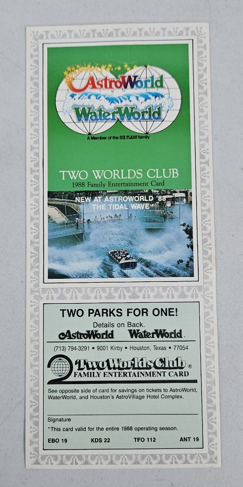 RARE 1988 Six Flags Astroworld Coupon 1st Year Tidal Wave Defunct Amusement Park