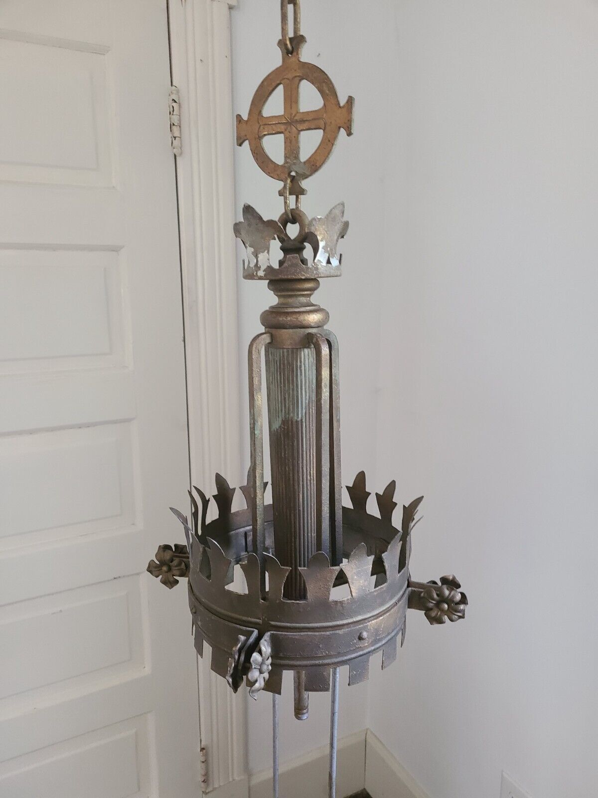 Antique 1930s gothic brass chandelier Templer Cross pendant Large
