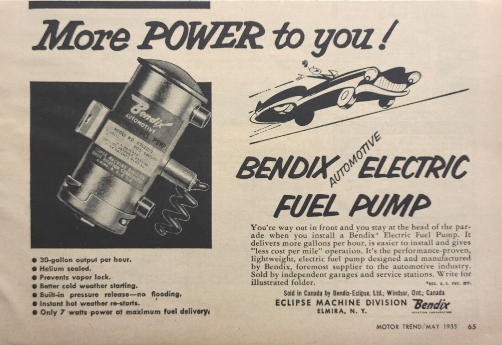 Bendix Automotive Electric Fuel Pump Elmira NY Vintage Print Ad 1955
