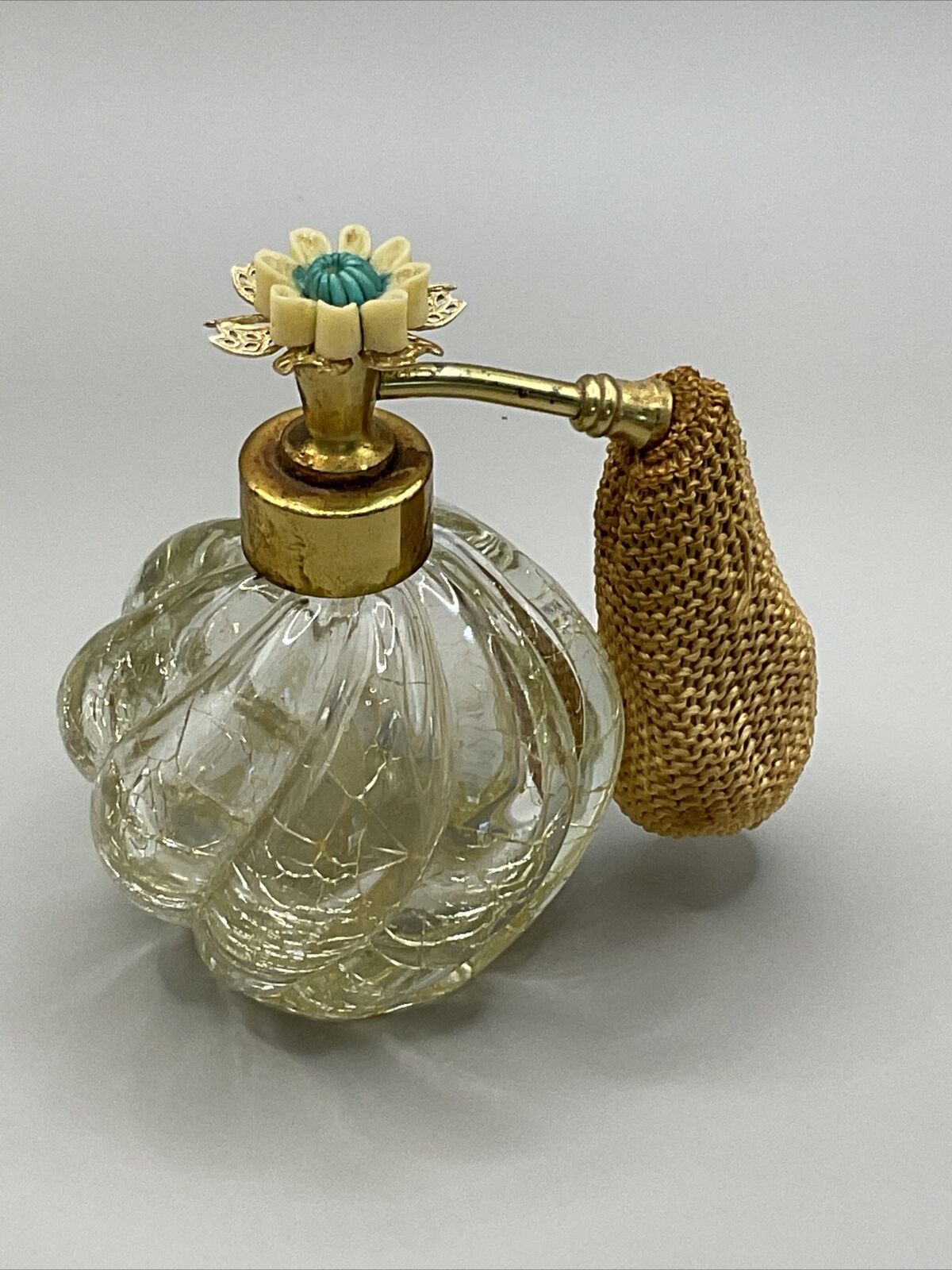 Vintage Irice Amber ART Crackle Glass Perfume Bottle Flower TOP Brass Atomizer
