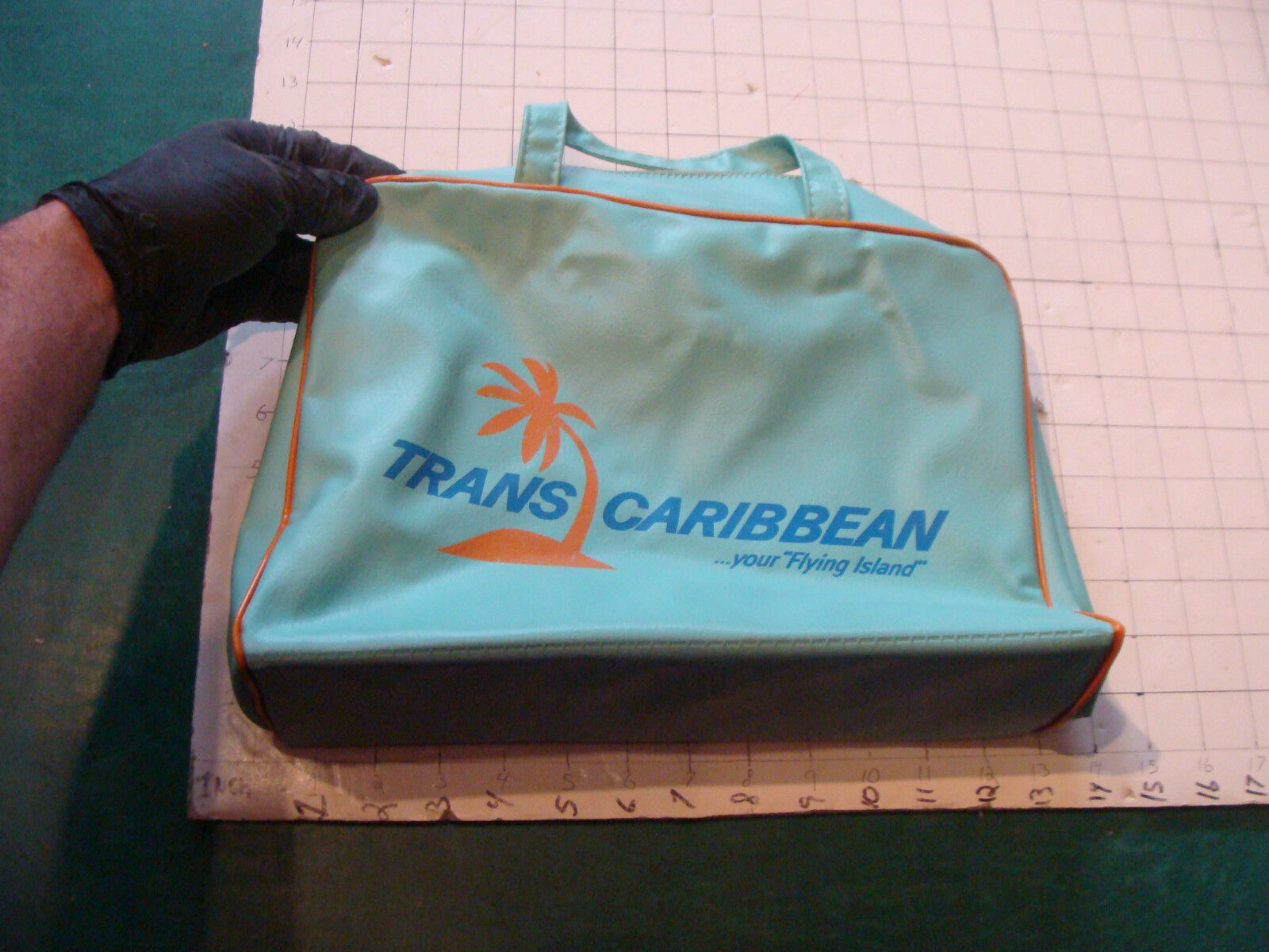 vintage 60\'s or 70\'s Vinyl TRANS CARIBBEAN air or sea Travel bag, light wear 