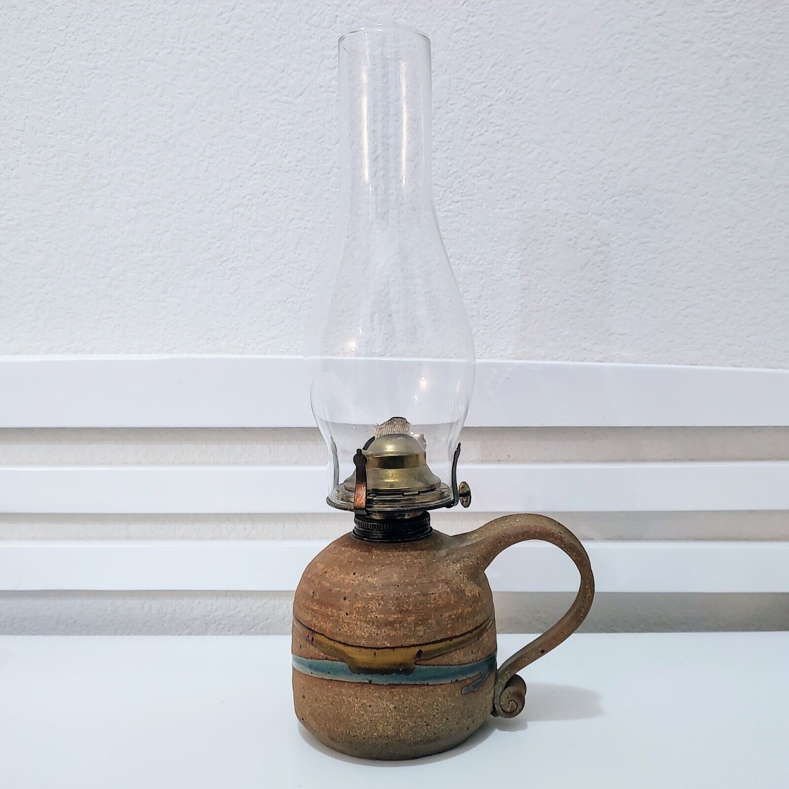 Signed Handmade Art Pottery Ceramic Oil Hurricane Lamp with Glass Chimney