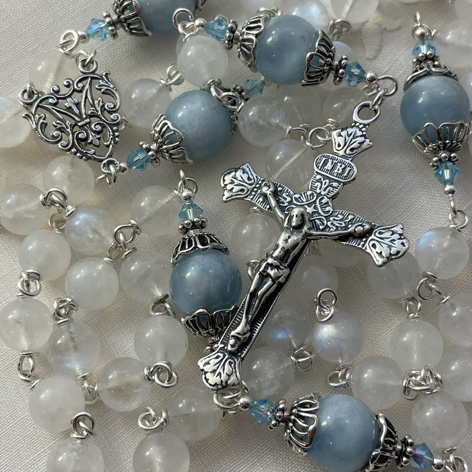 Magnificent Rosary French Sterling Silver Aquamarine Rainbow Moonstone Crystal