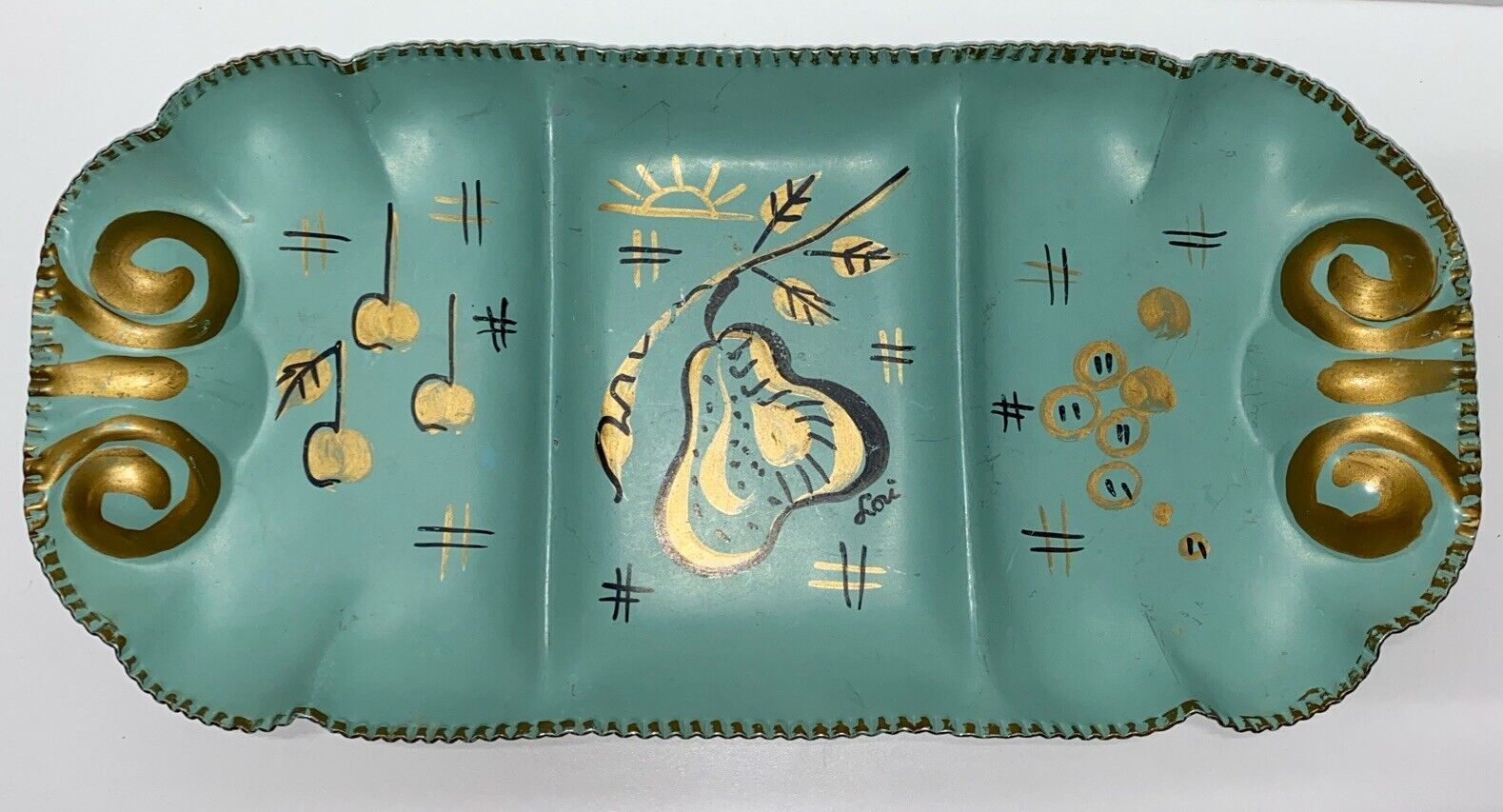 Vtg  Hand Painted Farber And Shlevin Teal Metal Tray