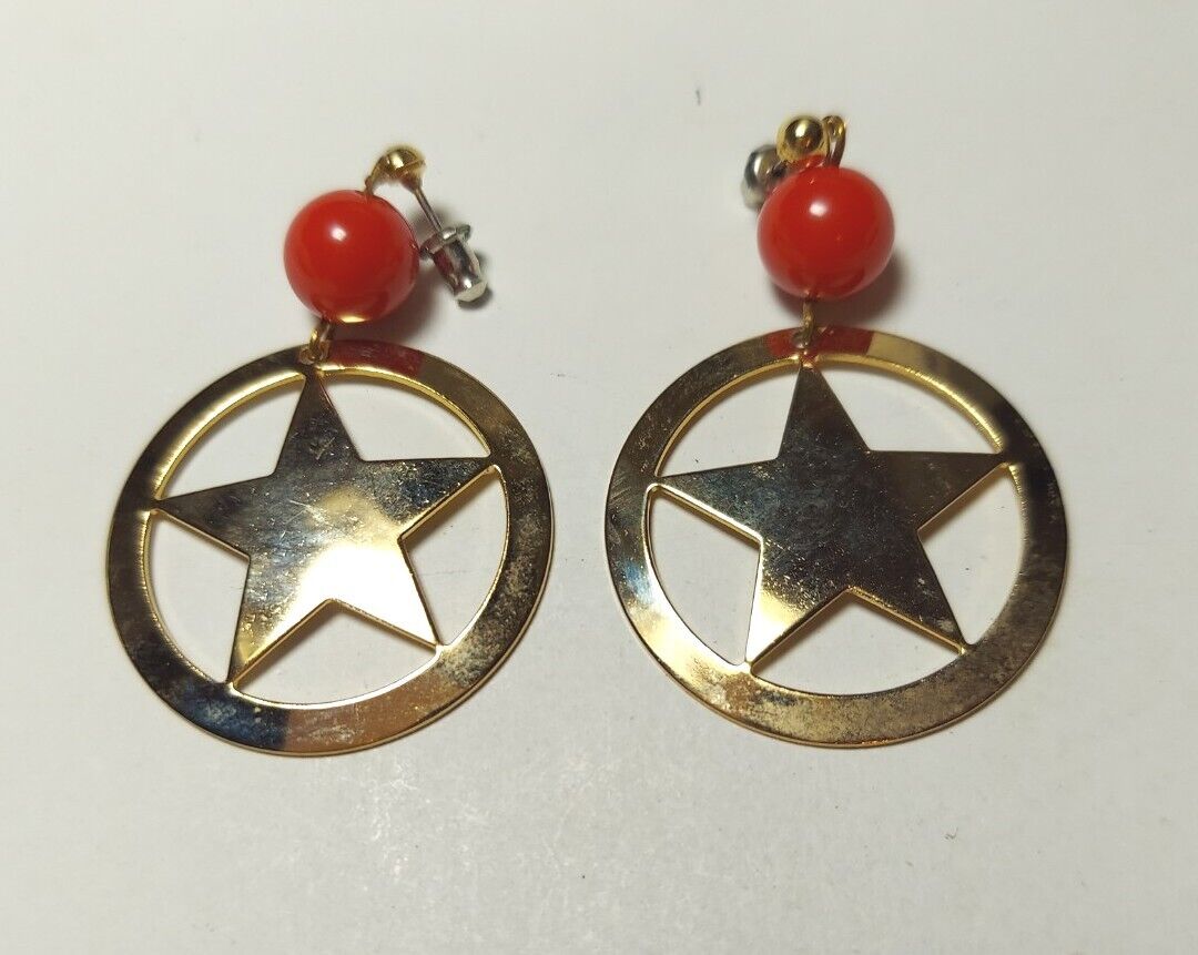 Texas Star Earrings Jewelry Gold-tone Red Bead Stud Dangle Pierced