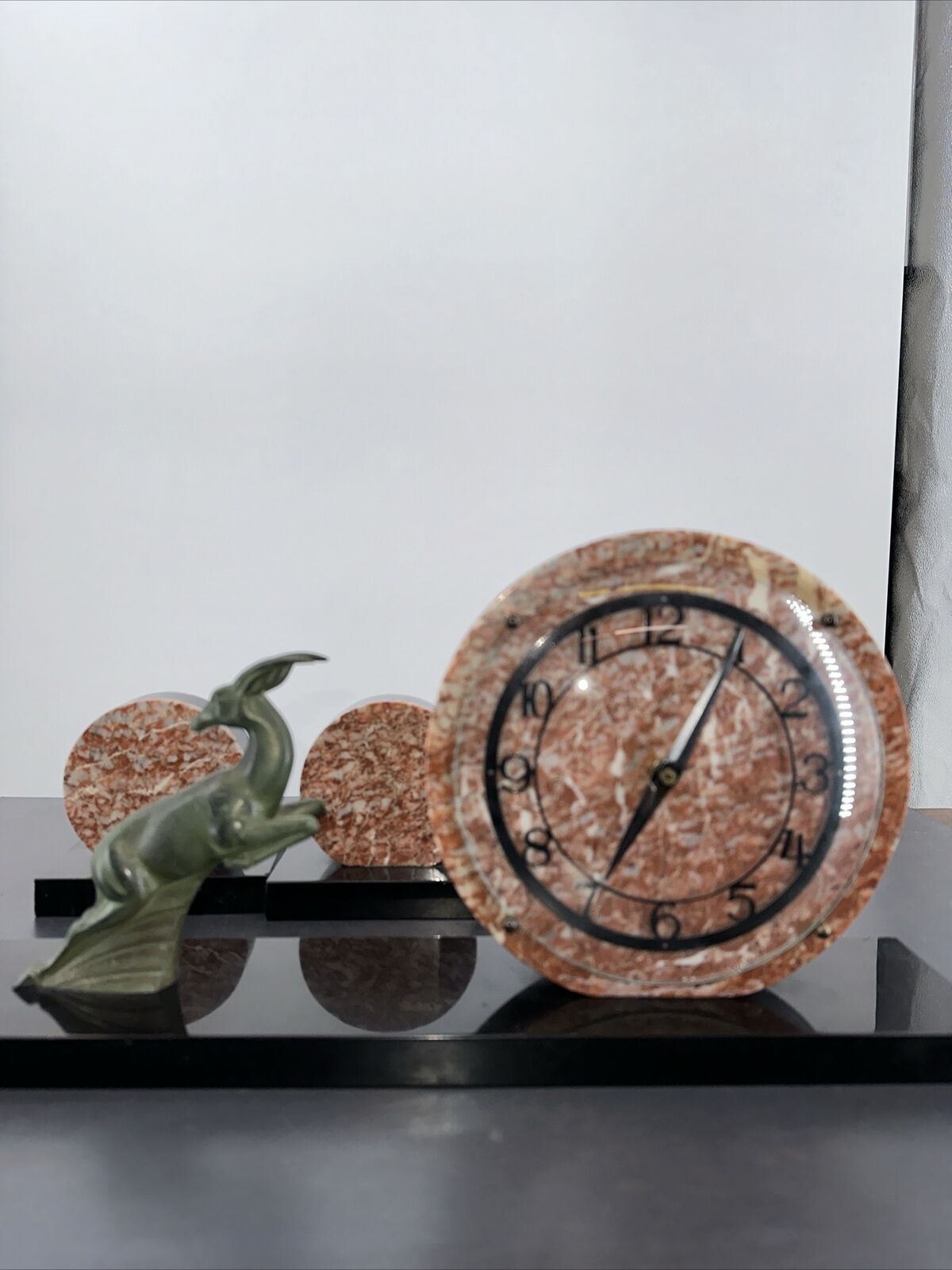 Rare Large Art Deco Marble & Onyx Mantel Clock W/ Bronze Deer Figurine & Discs