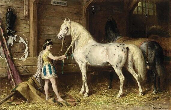 Art Oil painting Otto_Eerelman-A_Circus_Girl_Grooming_The_Horses handmade