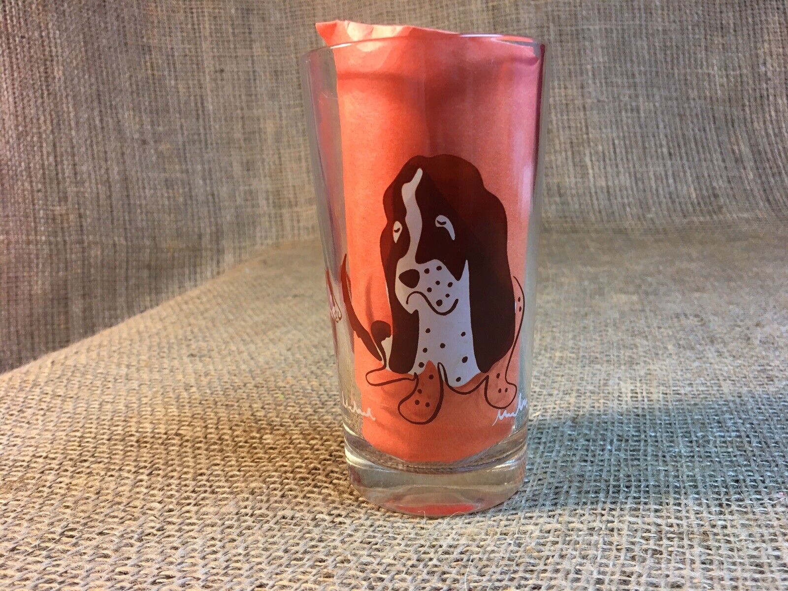 Vintage Clear Glass with Painted  Basset Hound Dog Design ~Small Drinking Glass