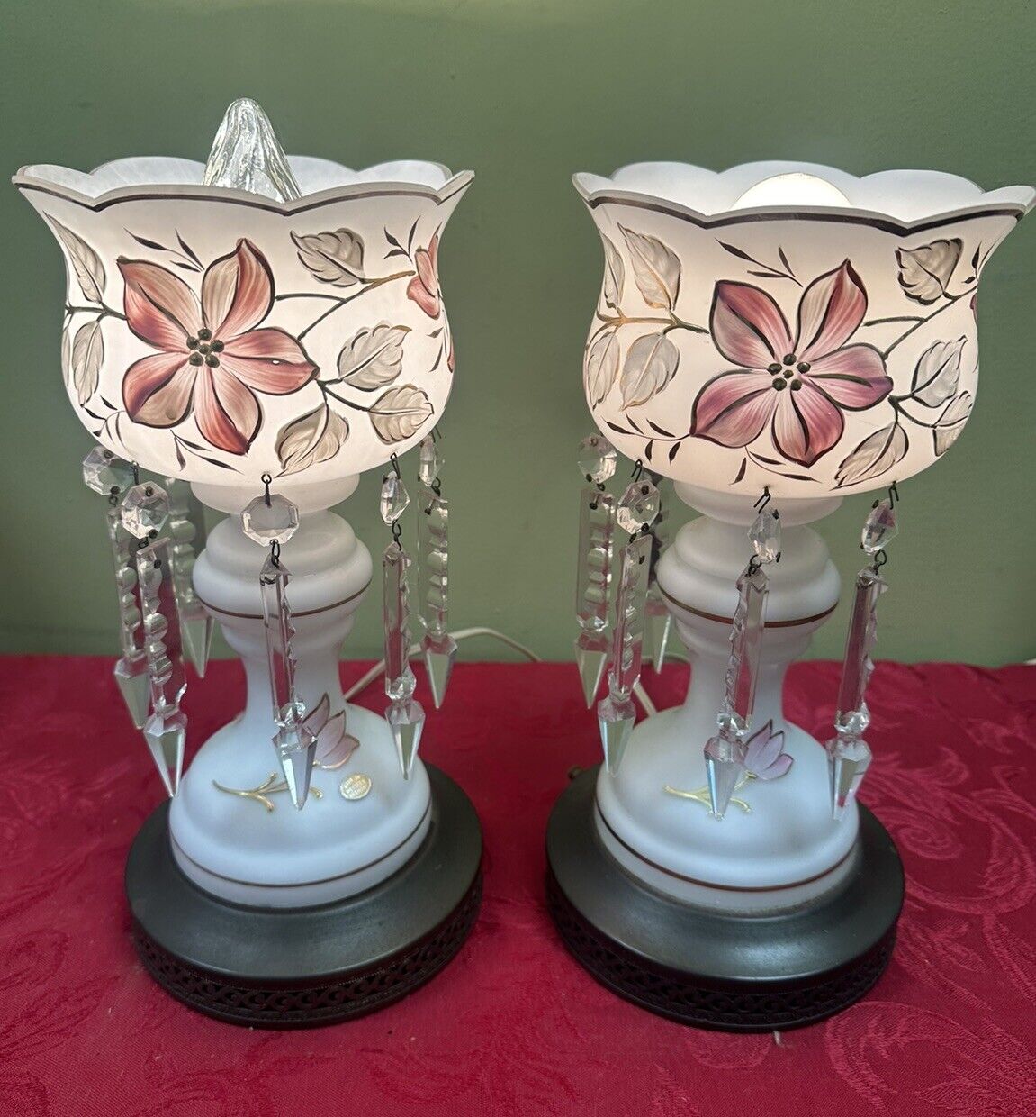 2 Victorian Hollywood Regency W Germany Mantle Luster Opaline Lamps Light prisms