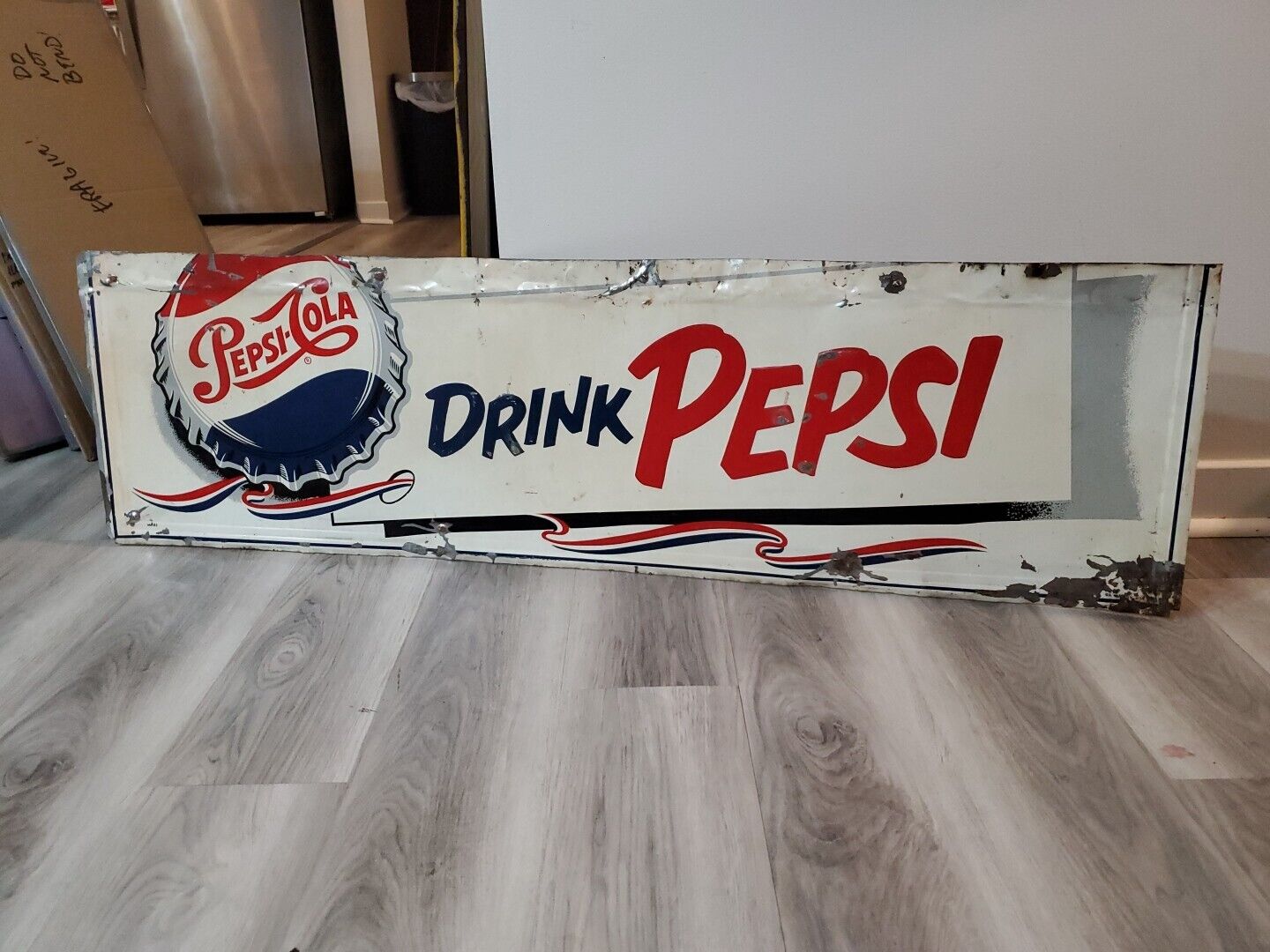 c.1950s Original Vintage Drink Pepsi Sign Metal Embossed Bottle Cap Soda Tin Gas