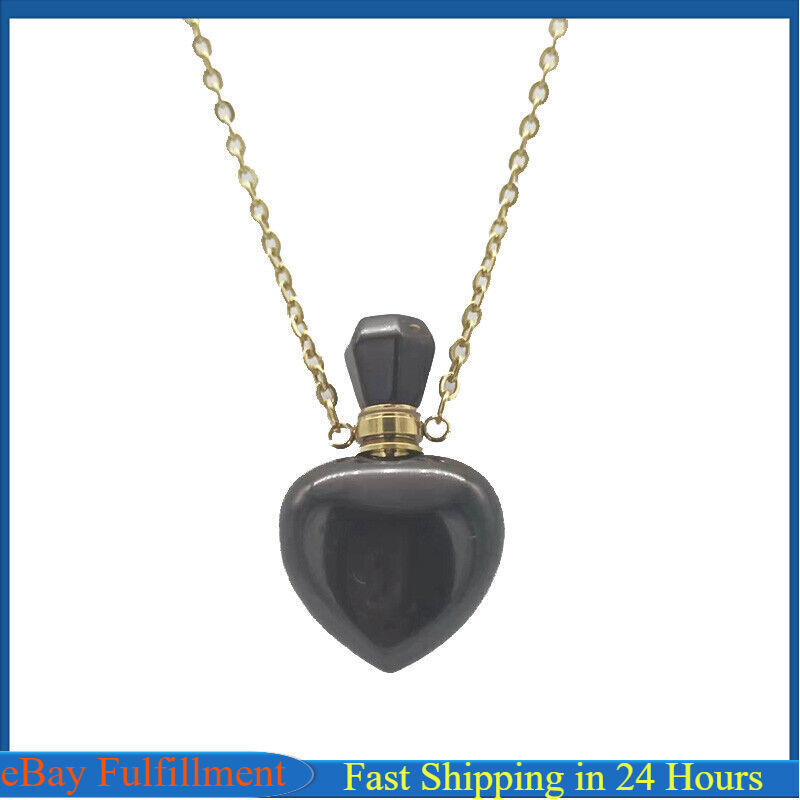 Natural Black Obsidian Quartz Love Heart Crystal Perfume Bottle Pendant Necklace
