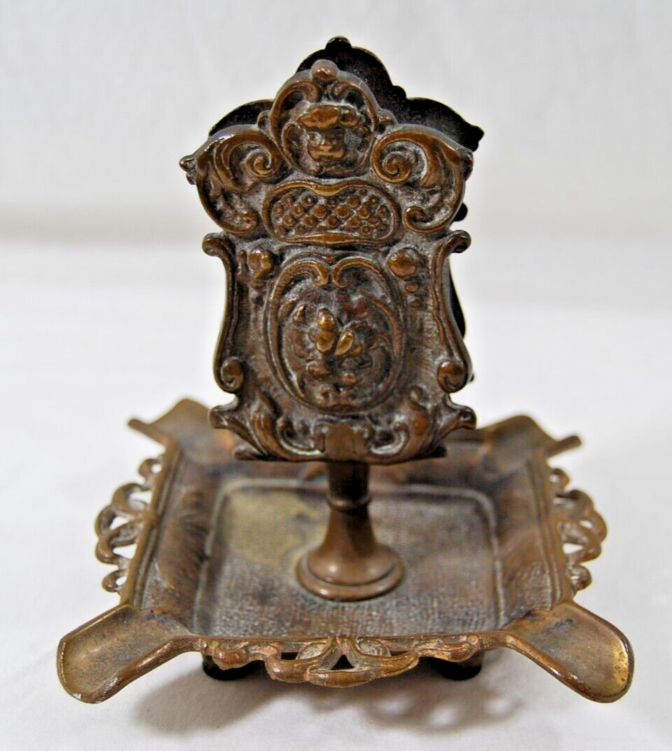 Vintage Ornate Brass Ashtray w/ Match Box Holder
