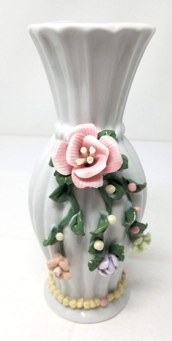 Rose Vase Vines Pink Ceramic Ribbed Beaded Raised Flowers 1970s