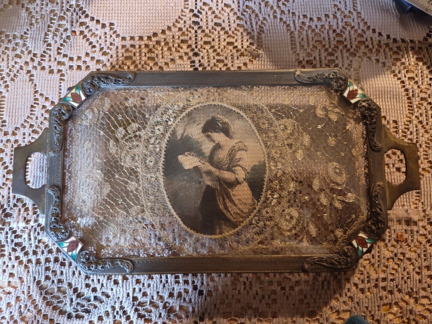Antique Silvercraft Brass Glass Lace Frame Vanity Perfume Dresser Footed Tray