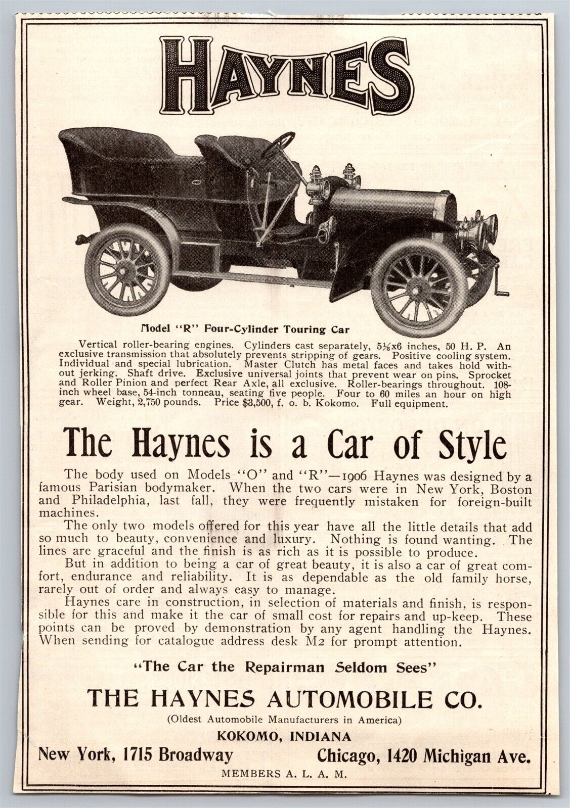 1906 HAYNES Model R Vintage Car Print Ad Oldest Auto Manufacturer In USA Kokomo