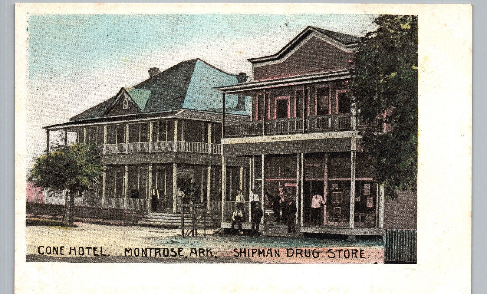 CONE HOTEL & SHIPMAN DRUG STORE montrose ar original antique postcard arkansas