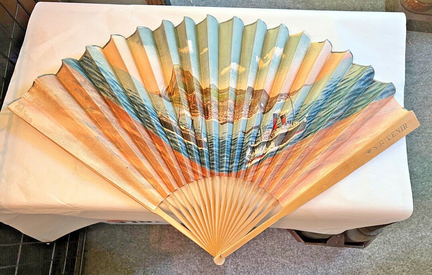 Vintage Souvenir of Gibraltar Ocean Liner Cruise Ship Paper and Wood Fan 1940's